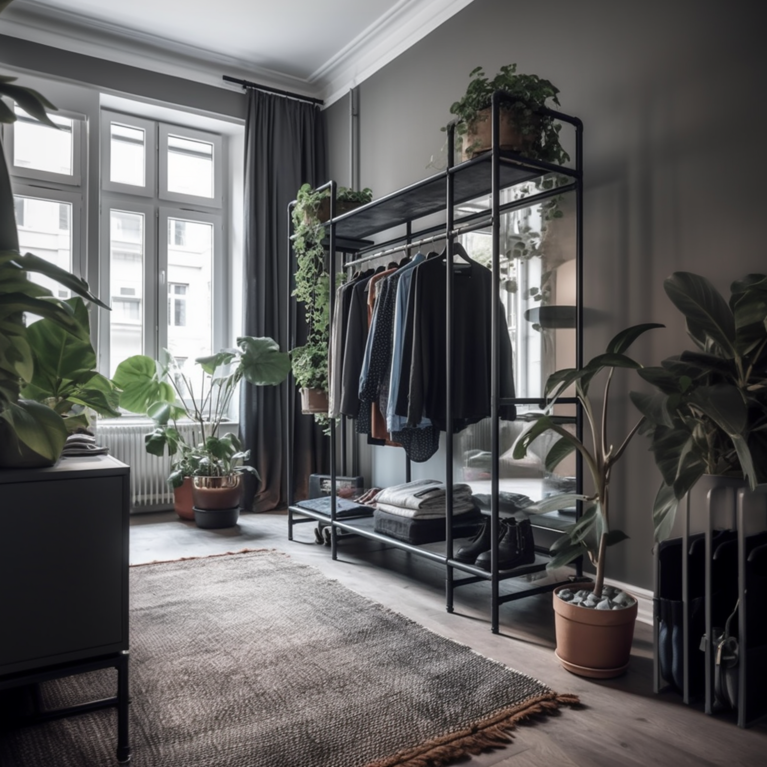 Industriell inspirierte Garderobe: Entdecke die Schönheit von schwarzen Metallrohr-Kleiderstangen
