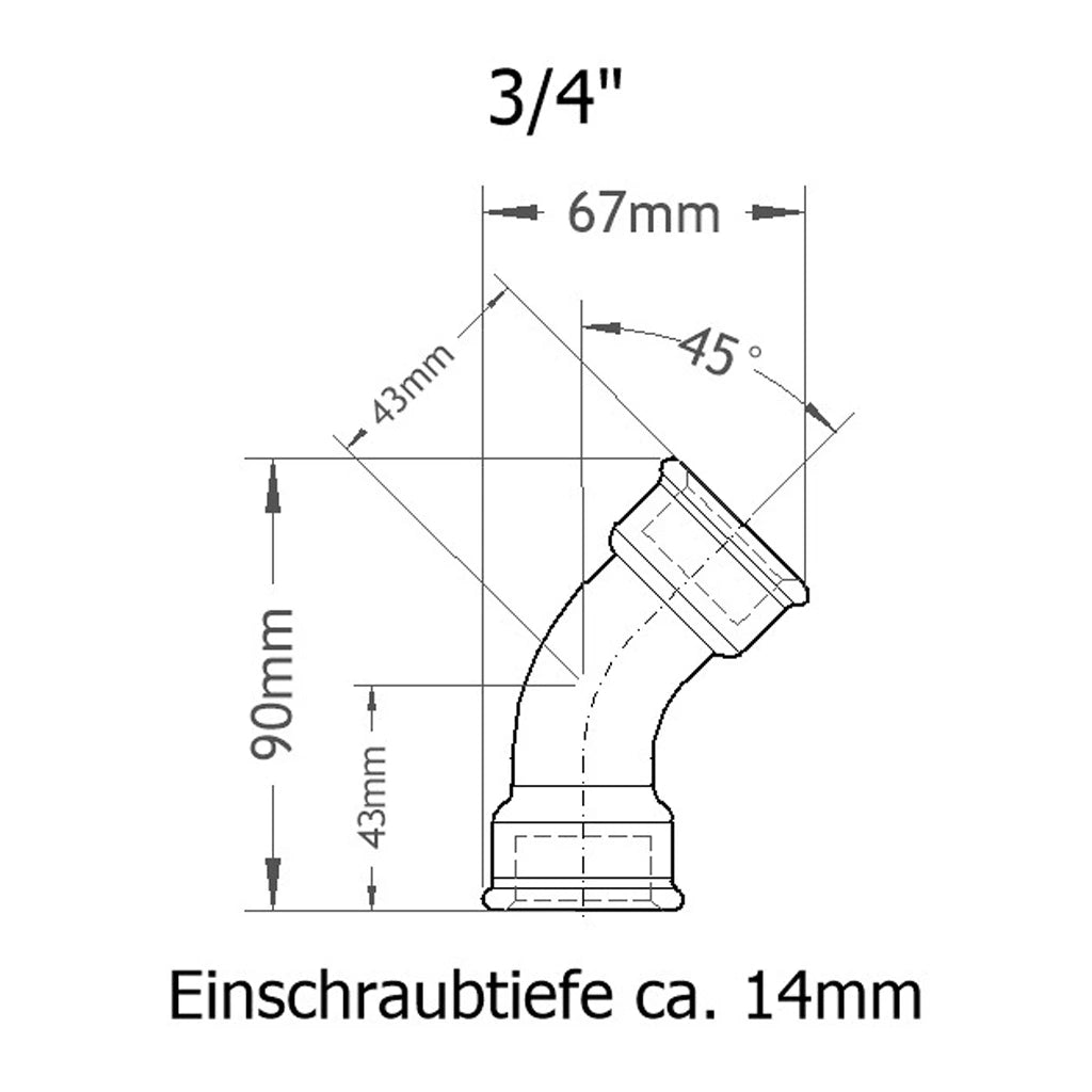 Bogen 45 Grad IGIG 3/4 Zoll Skizze