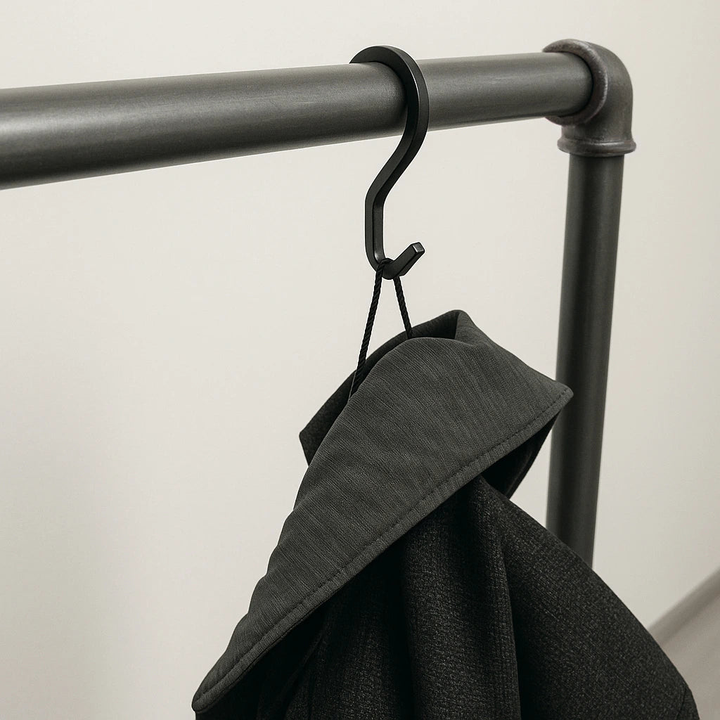 Kleiderhaken in S-Form an Gaderobe hängend mit Jacke 