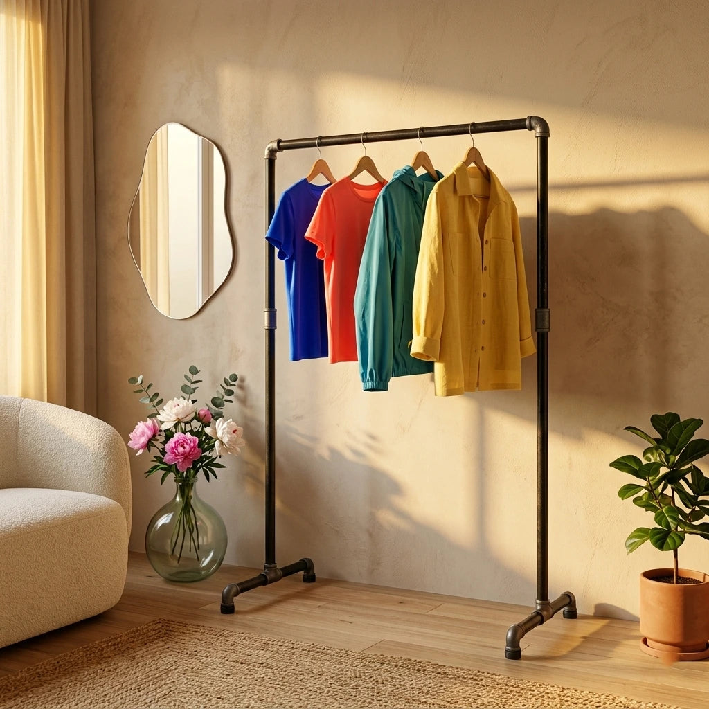 urb.style Mia im Wohnzimmer/Schlafzimmer behangen mit Kleidung und Deko im Raum.