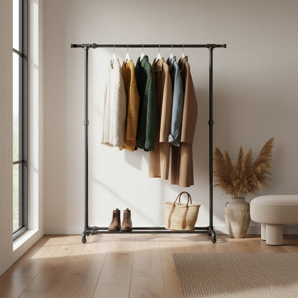 urb.style Ellen im Wohnzimmer/ Schlafzimmer behangen mit Kleidung und Deko im Raum.