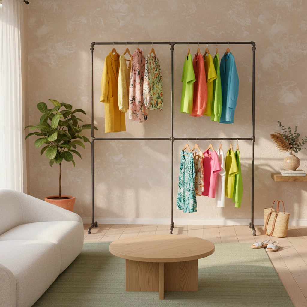urb.style Lia im Schlazimmer/Wohnzimmer behangen mit Kleidung und Deko im Raum.