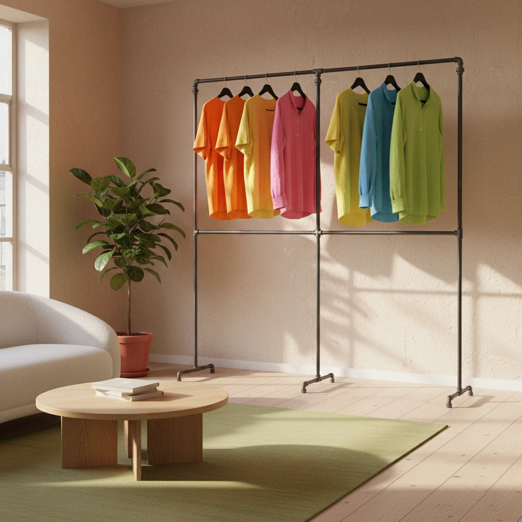 urb.style Lia im Schlazimmer/Wohnzimmer behangen mit Kleidung und Deko im Raum.