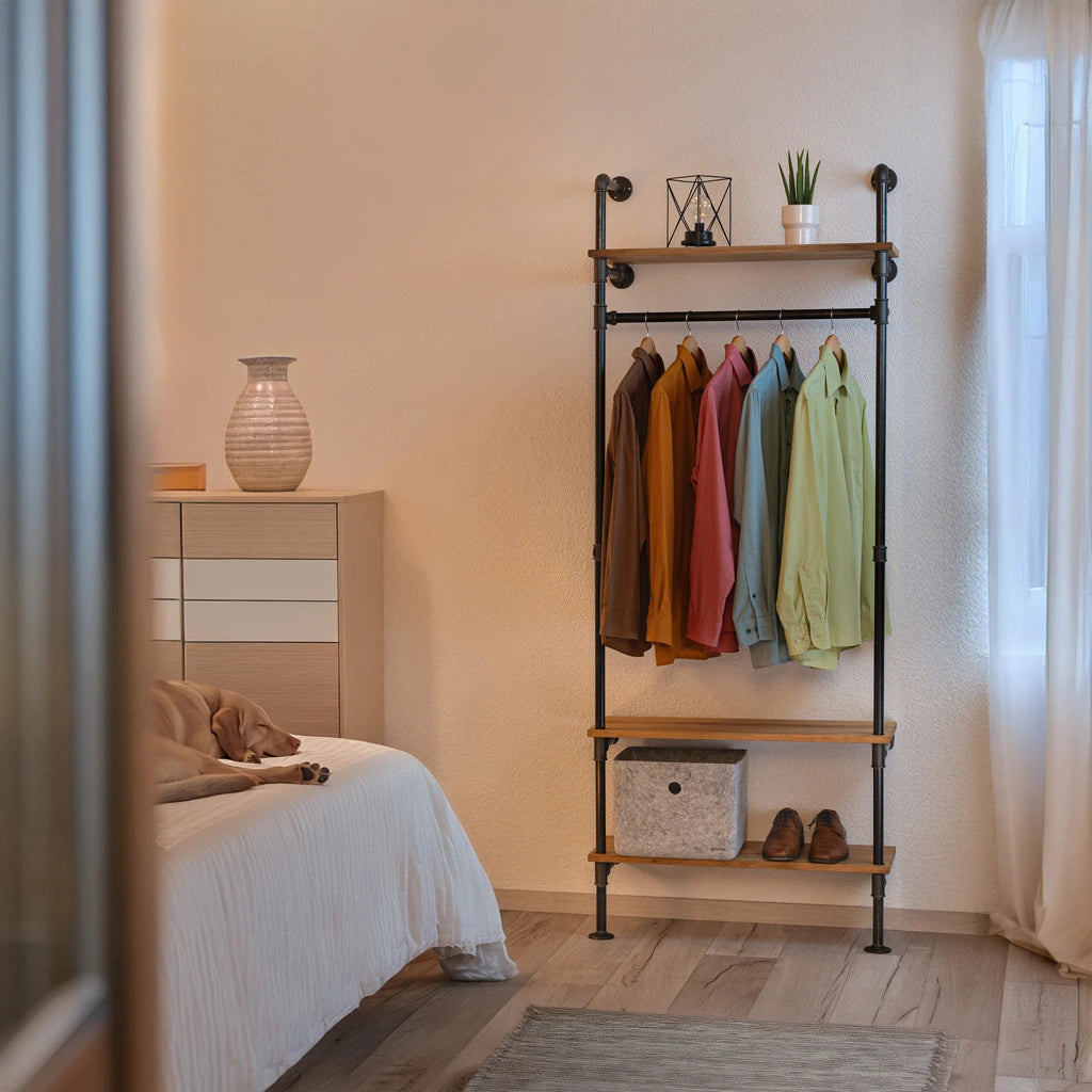 urb.style Nina im Wohnzimmer/ Schlafzimmer behangen mit Kleidung und Deko im Raum.